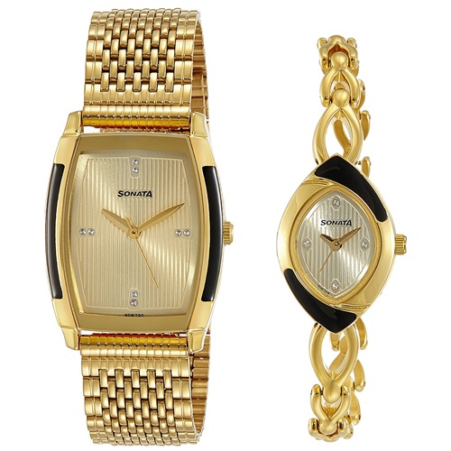 Fashionable Sonata Analog Gold Dial Pair Watch